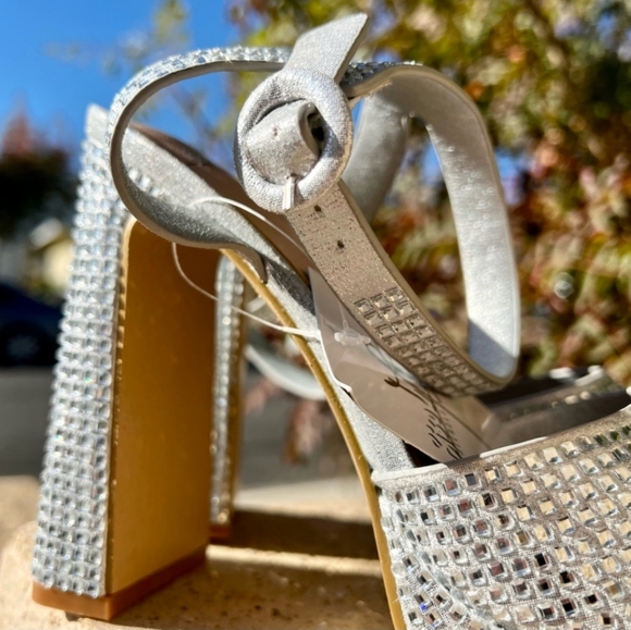 Silver Rhinestone Platform Block Heels - Picture 5 of 7